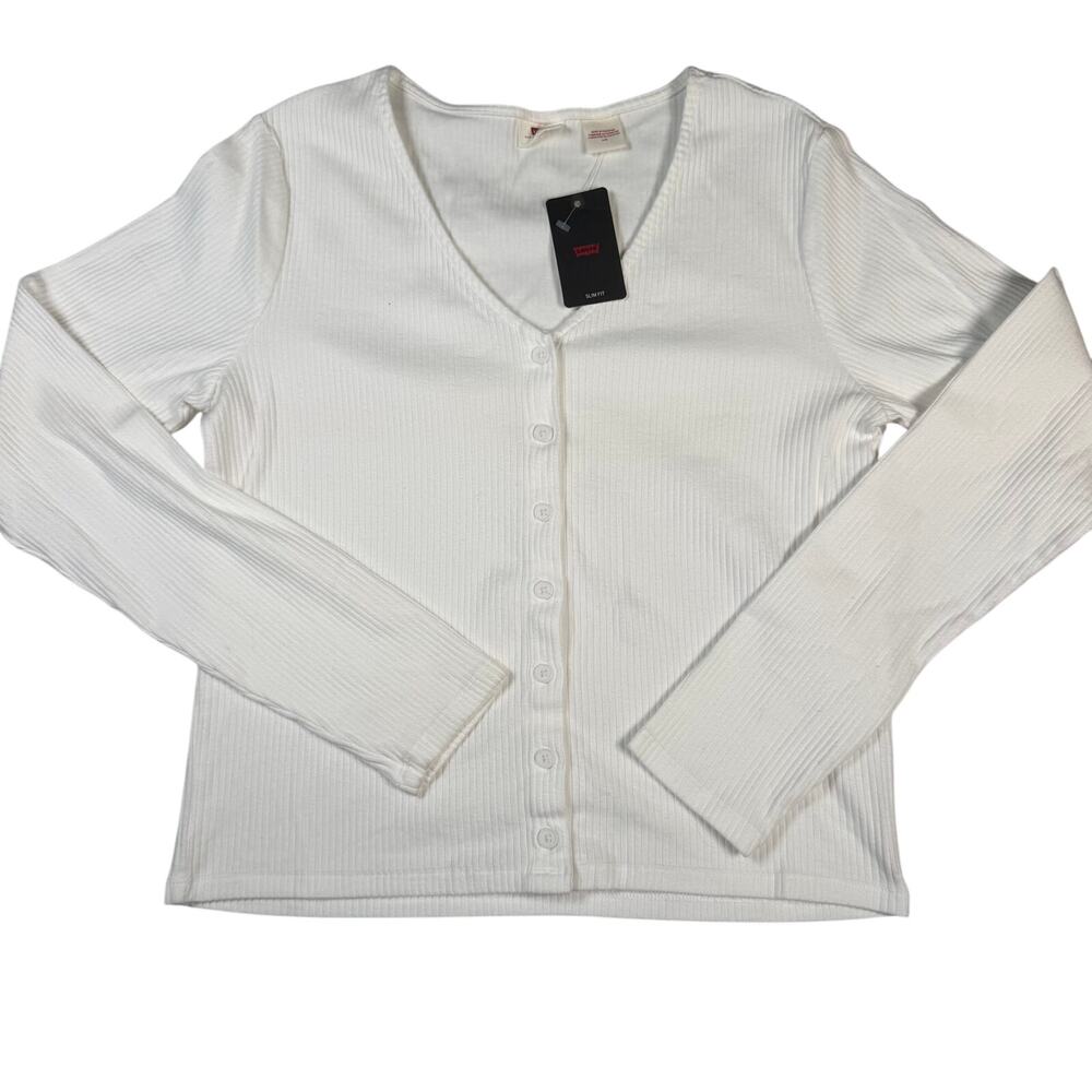 Levi's Ribbed Button Front Cardigan Top Women's Large White Long Sleeve NWT